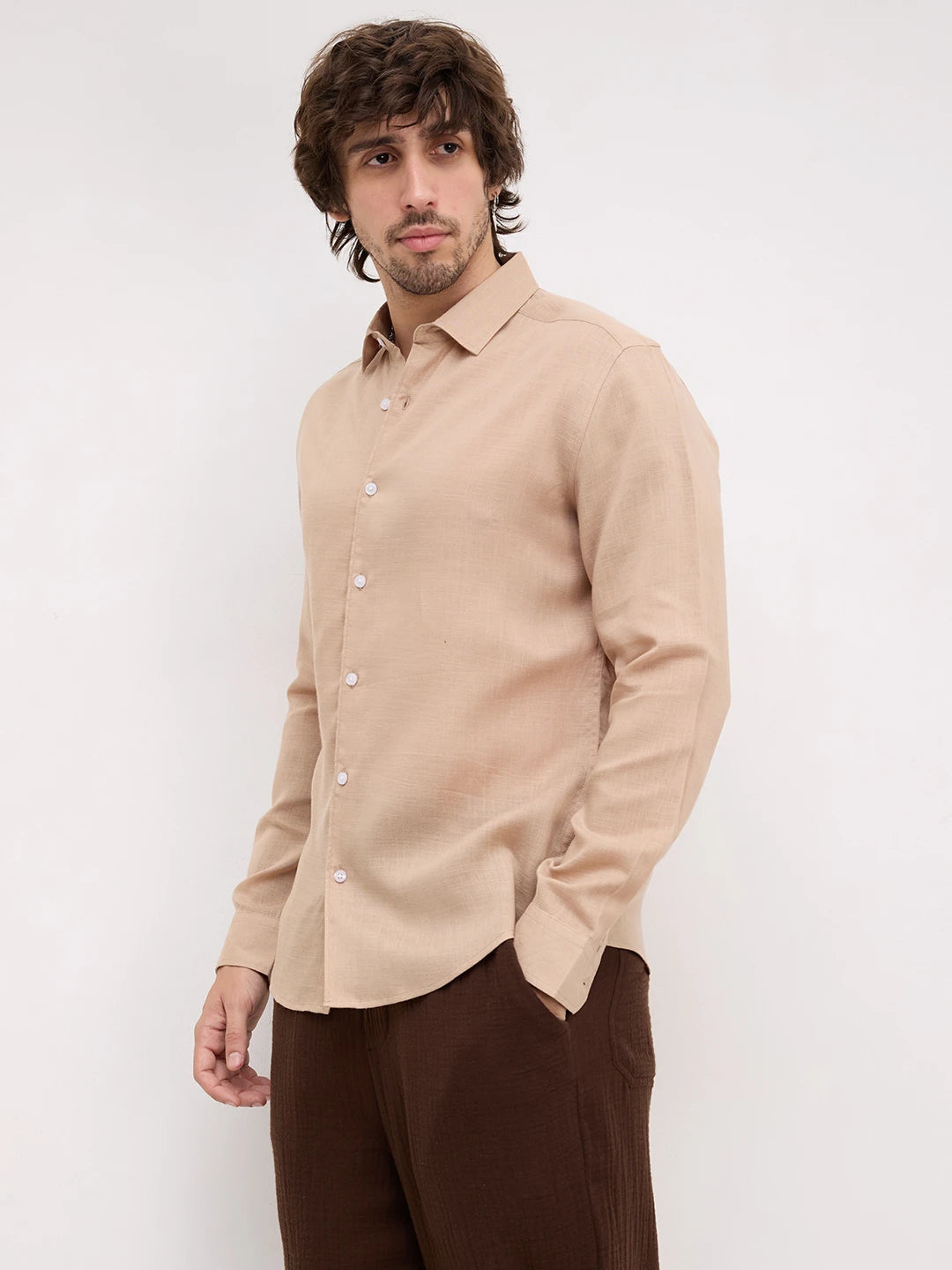 Warm Camel Beige Fine Textured Shirt