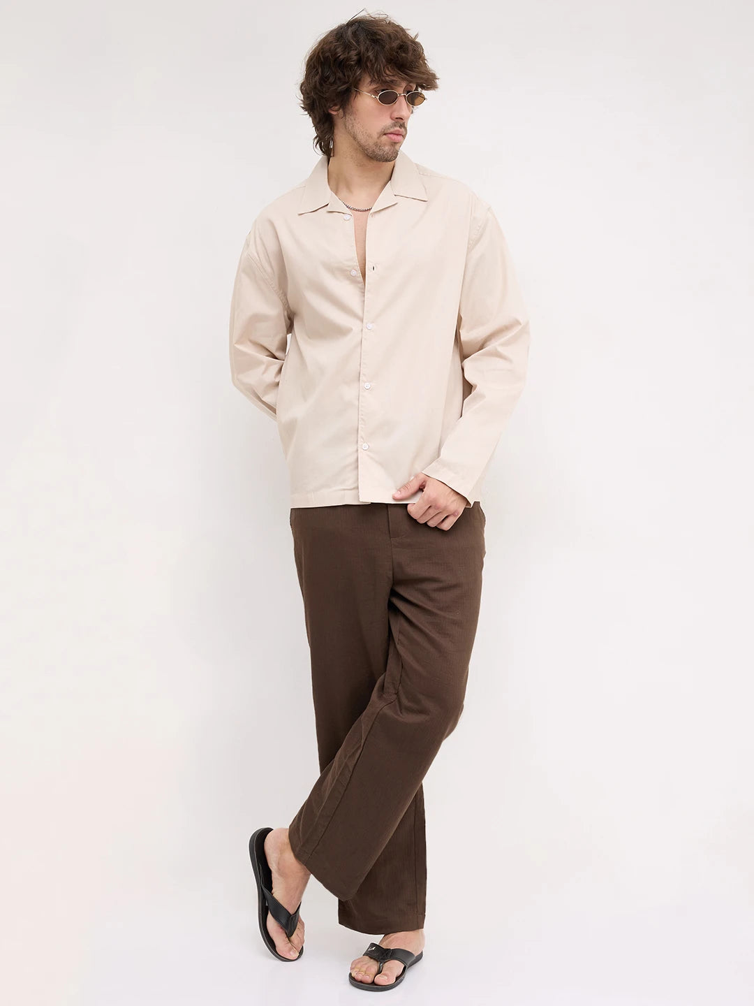 Sand Beige Twill Notch Collar Oversized Shirt