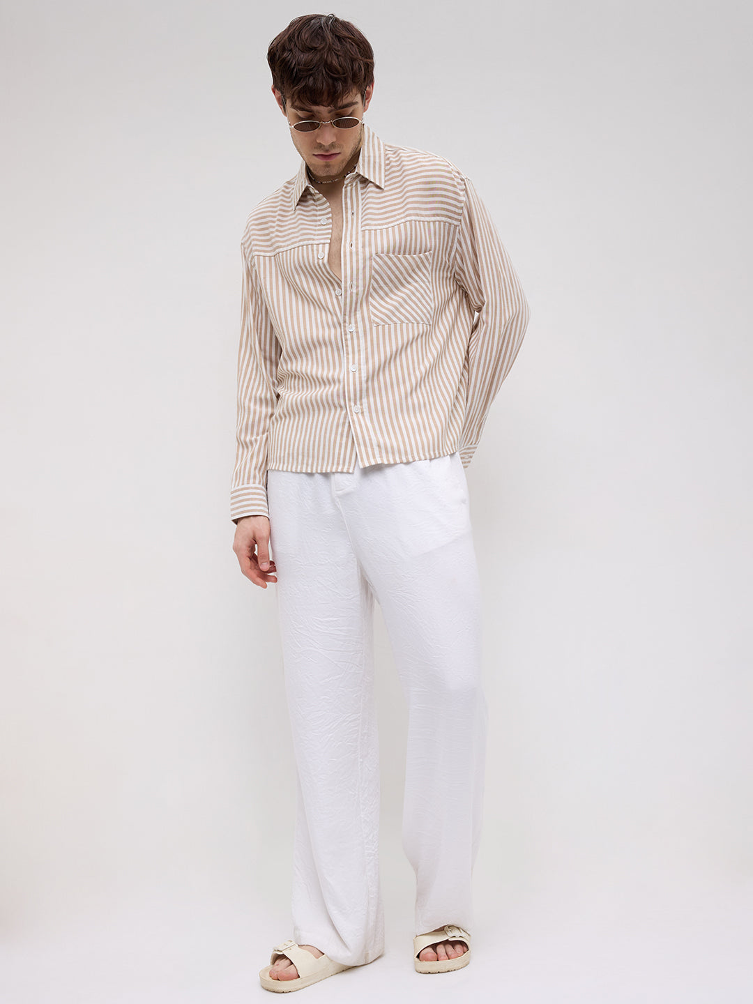 Timeless Khaki Striped Boxy Fit Crop Shirt
