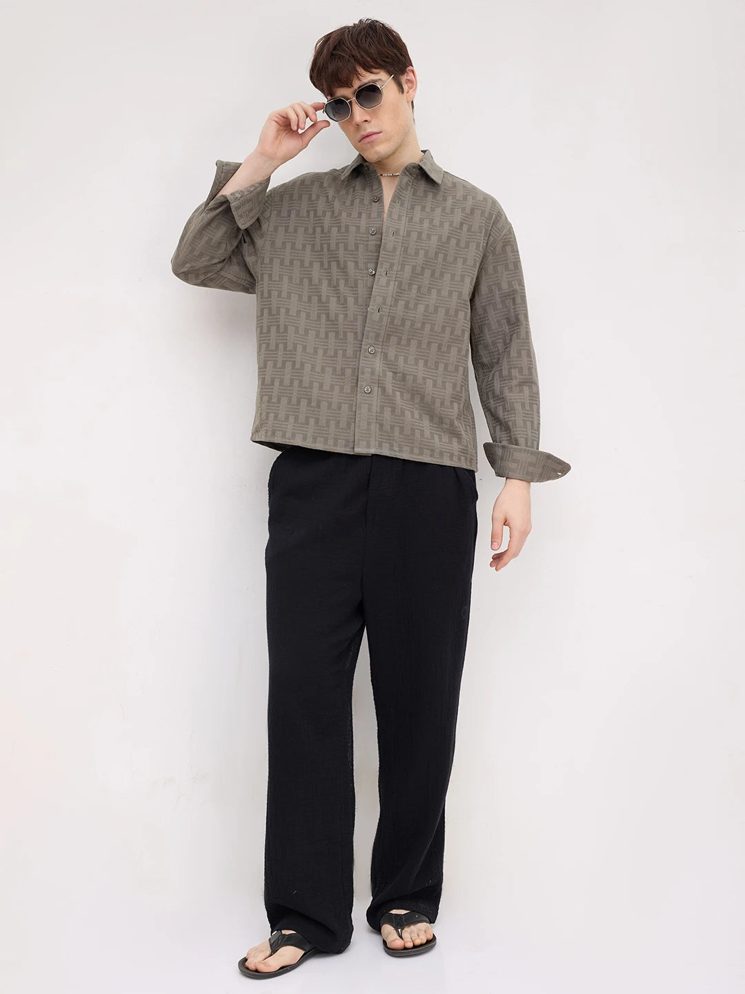 Contemporary Ash Grey Architectural Weave Textured Boxy Fit Crop Shirt