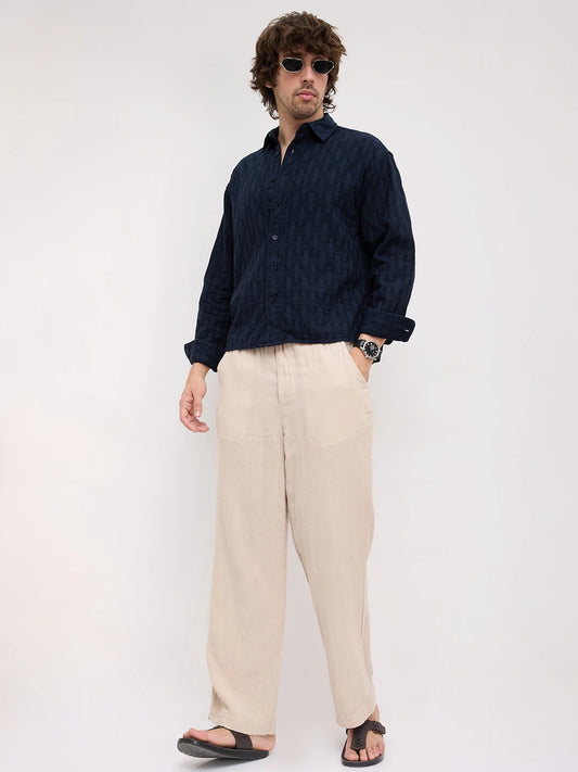 Distinguished Navy Architectural Weave Boxy Fit Crop Shirt