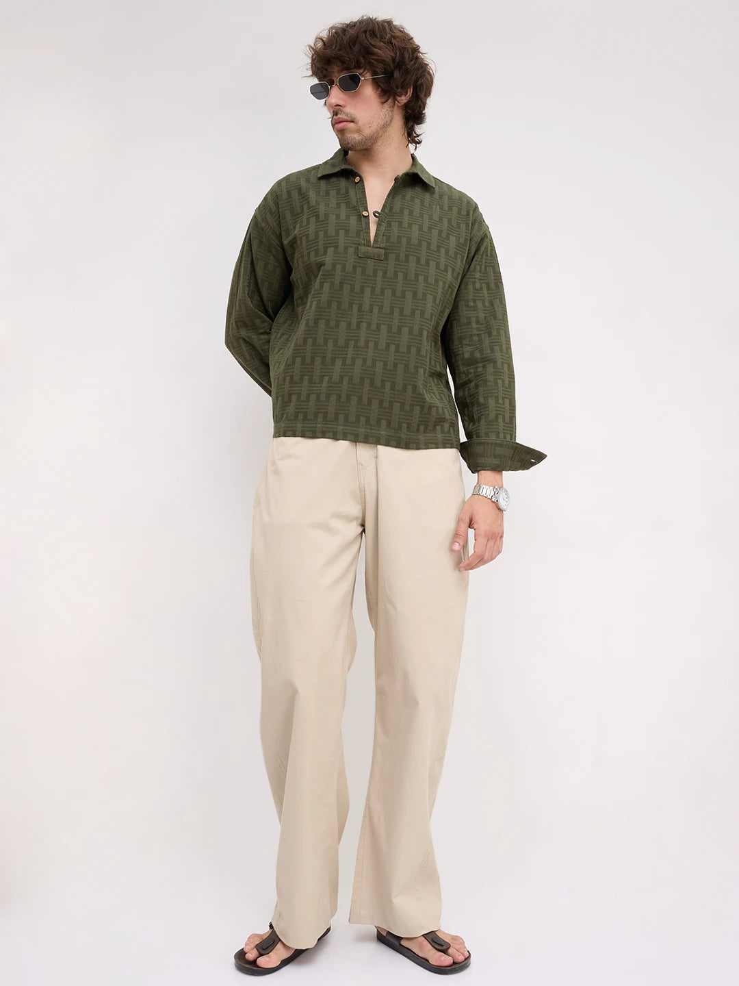 Contemporary Olive Architectural Weave Loop Button Oversized Shirt