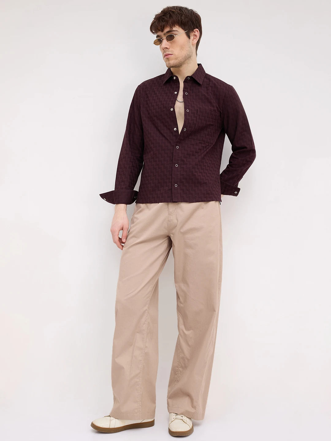 Rich Wine Maze Textured Straight Hem Crop Shirt
