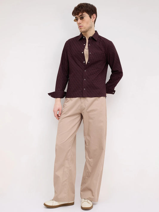Rich Wine Maze Textured Straight Hem Crop Shirt