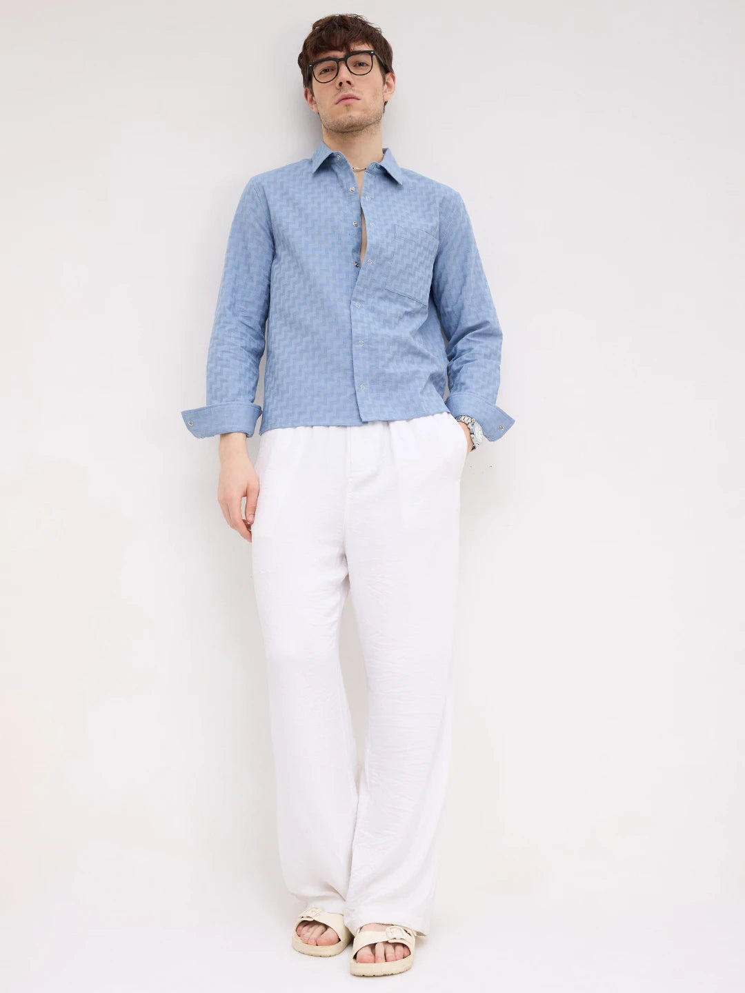 Elevated Blue Maze Textured Straight Hem Crop Shirt