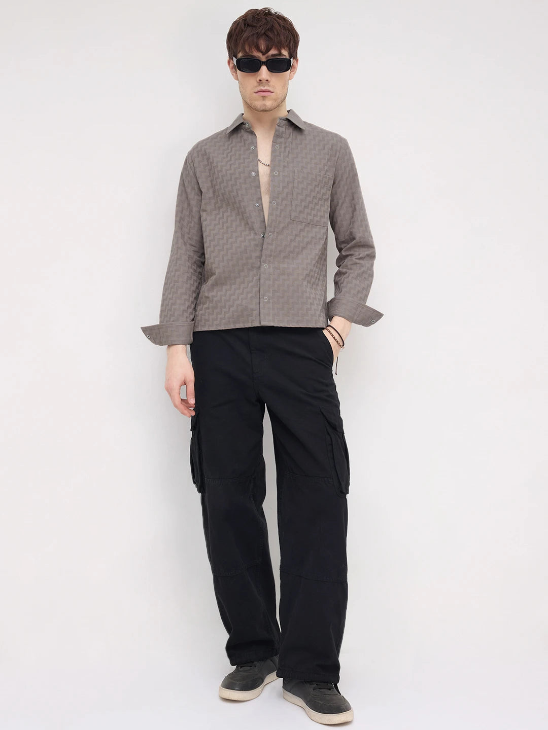 Distinctive Grey Maze Textured Straight Hem Crop Shirt