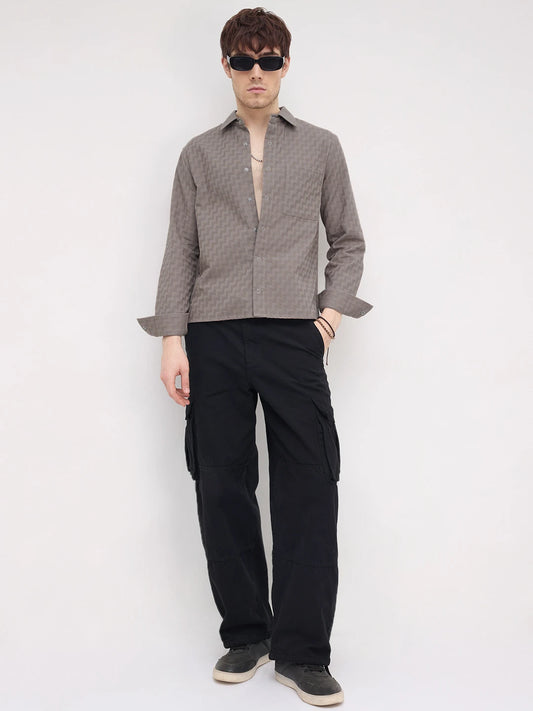 Distinctive Grey Maze Textured Straight Hem Crop Shirt
