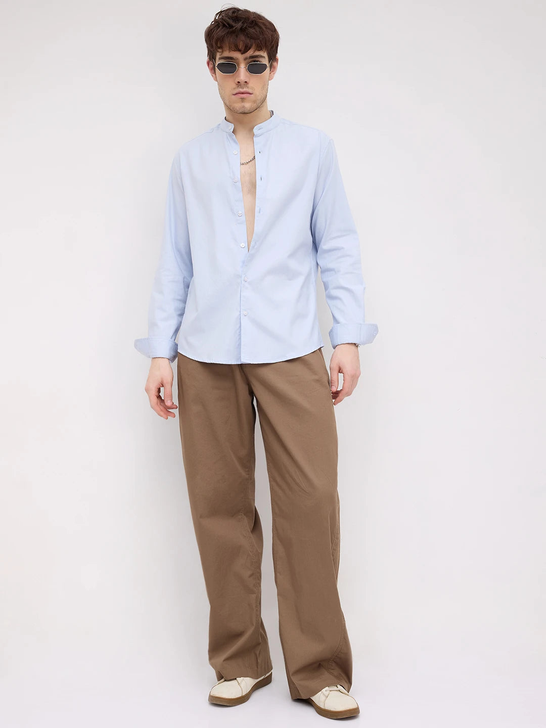 Pastel Blue Herringbone Textured Mandarin Shirt