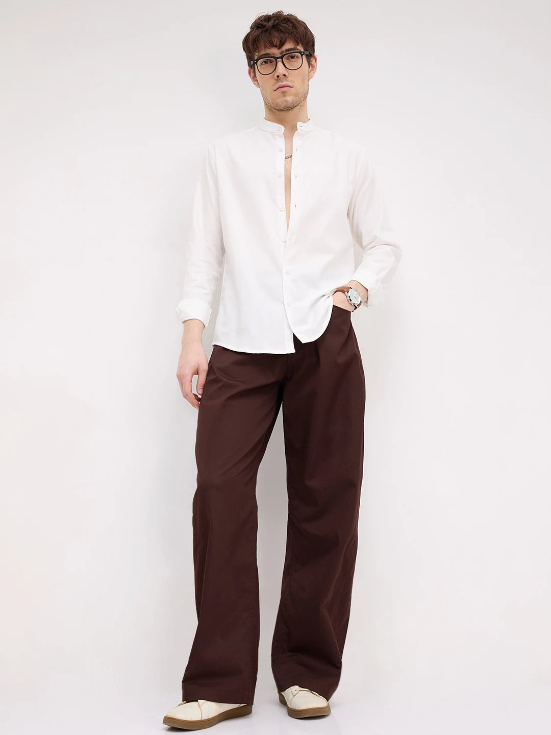Snow White Herringbone Textured Mandarin Shirt