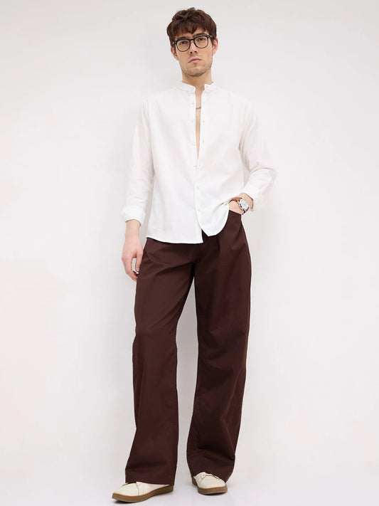Snow White Herringbone Textured Mandarin Shirt