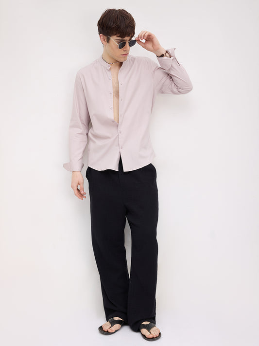 Cosmic Latte Beige Herringbone Textured Mandarin Shirt
