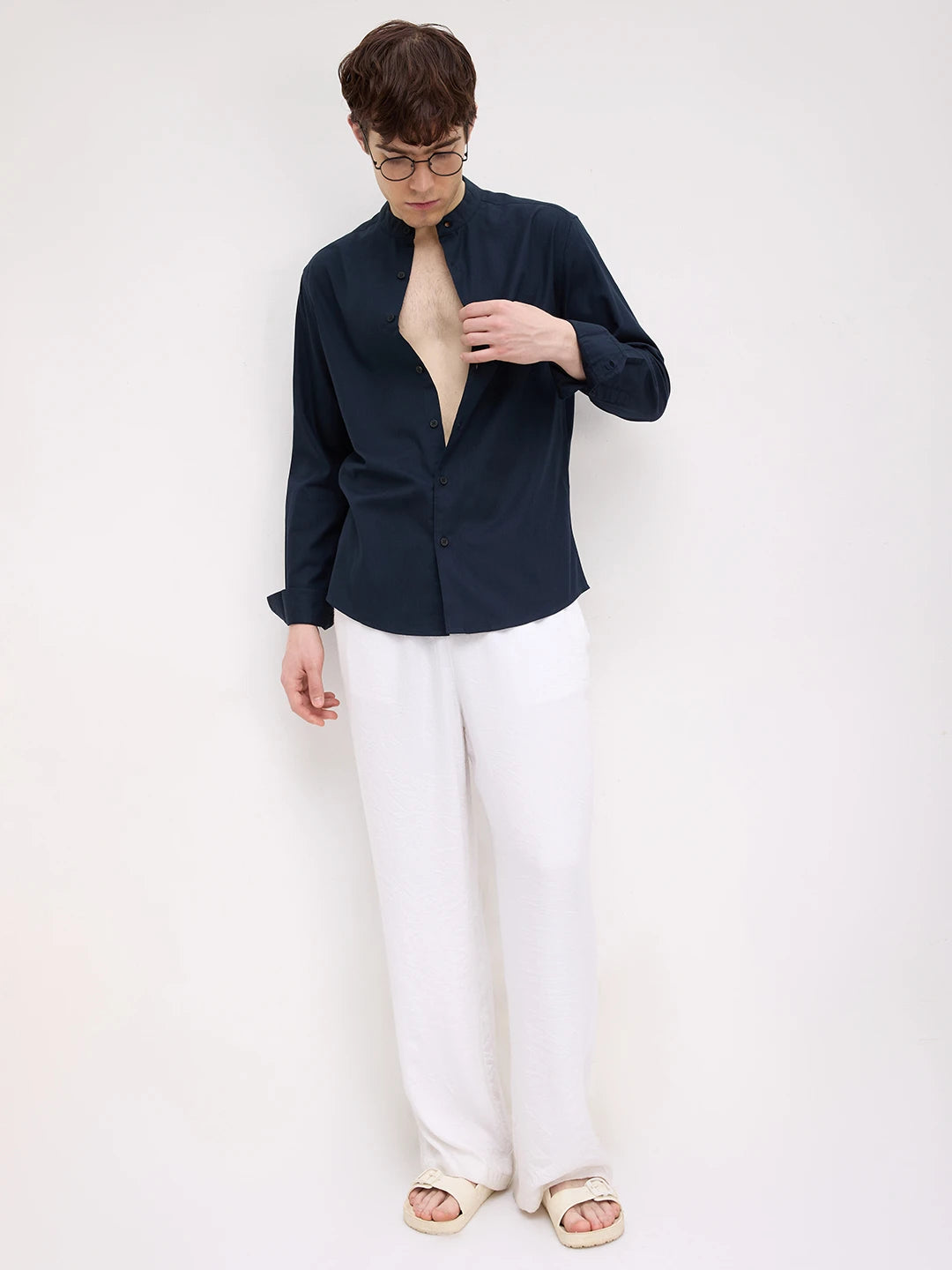 Classic Navy Herringbone Textured Mandarin Shirt