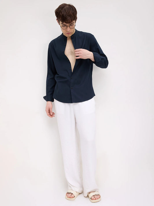 Classic Navy Herringbone Textured Mandarin Shirt