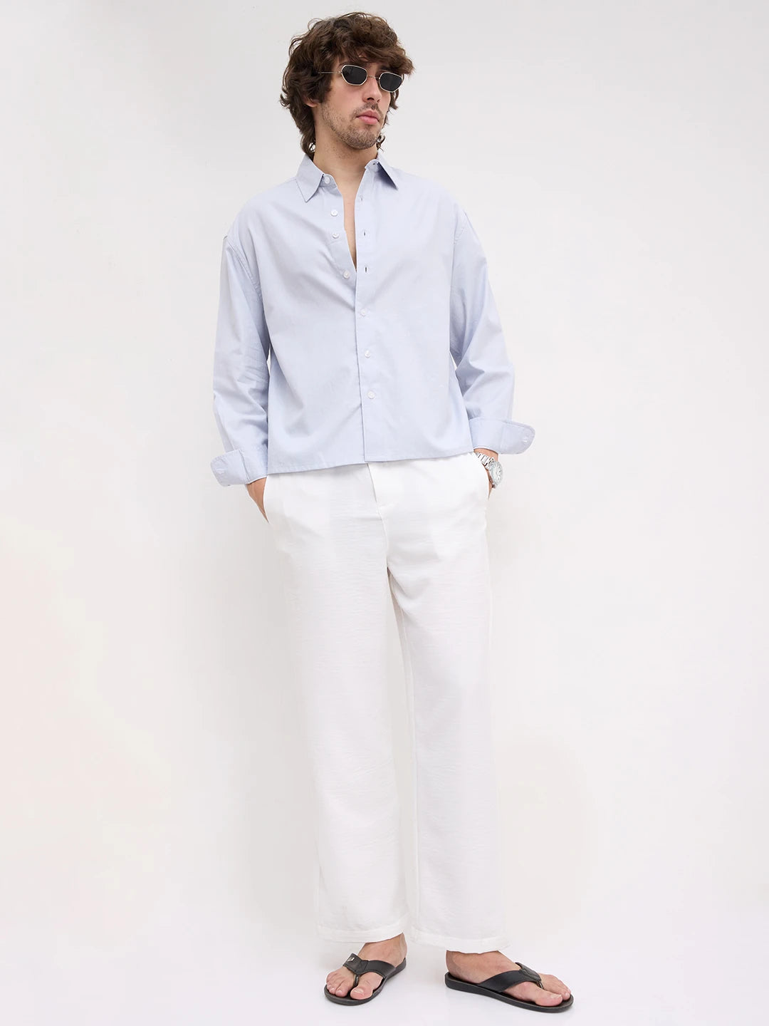 Ice Blue Herringbone Textured Boxy Fit Crop Shirt