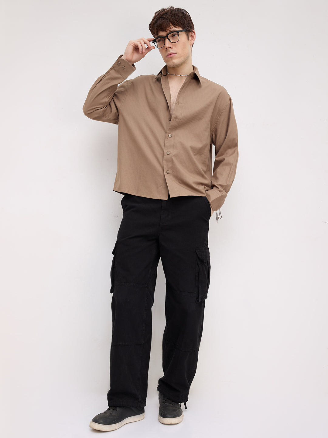 Deep Khaki Herringbone Textured Boxy Fit Crop Shirt