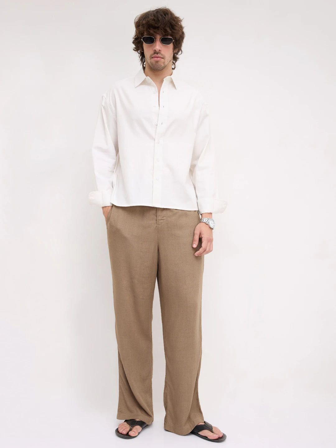 Pure White Herringbone Textured Boxy Fit Crop Shirt