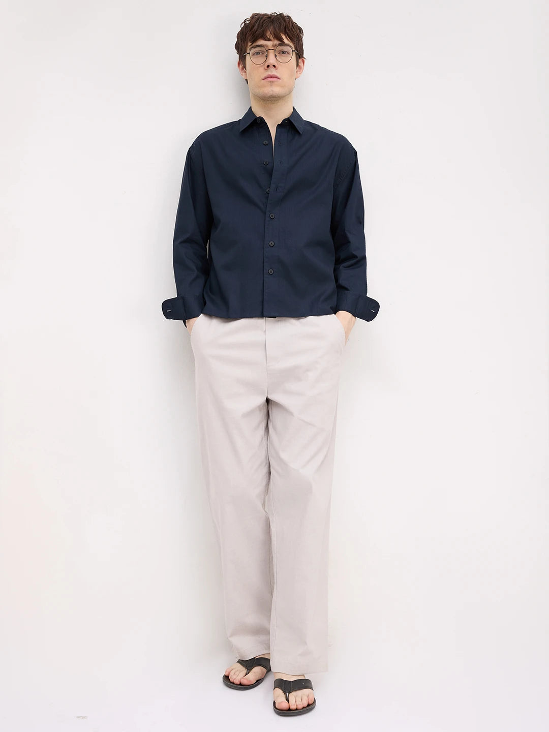 Classic Navy Herringbone Textured Boxy Fit Crop Shirt