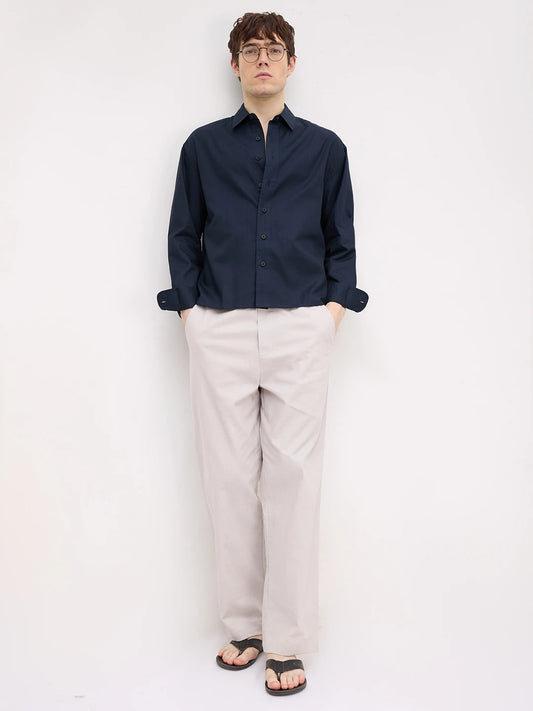 Classic Navy Herringbone Textured Boxy Fit Crop Shirt