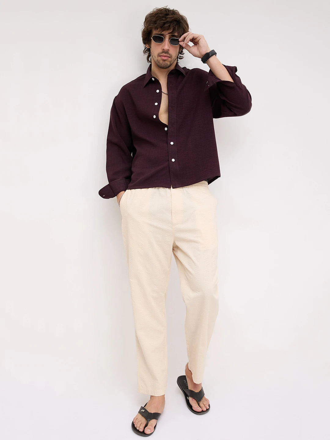Opulent Wine Fine Textured Boxy Fit Crop Shirt