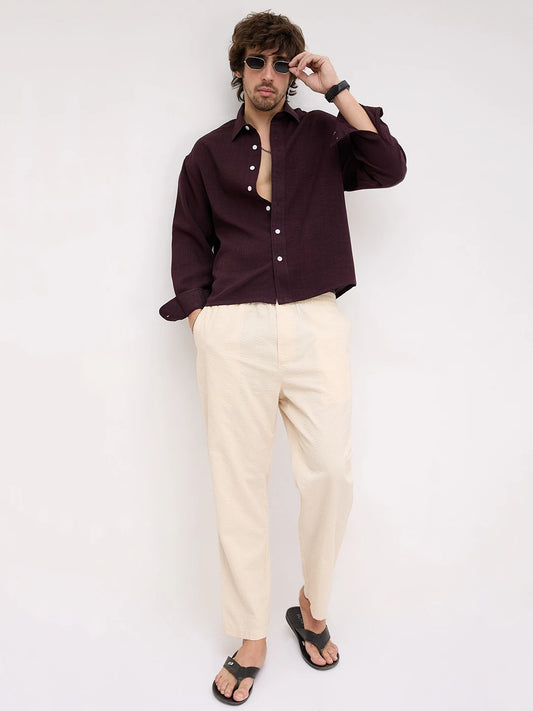Opulent Wine Fine Textured Boxy Fit Crop Shirt