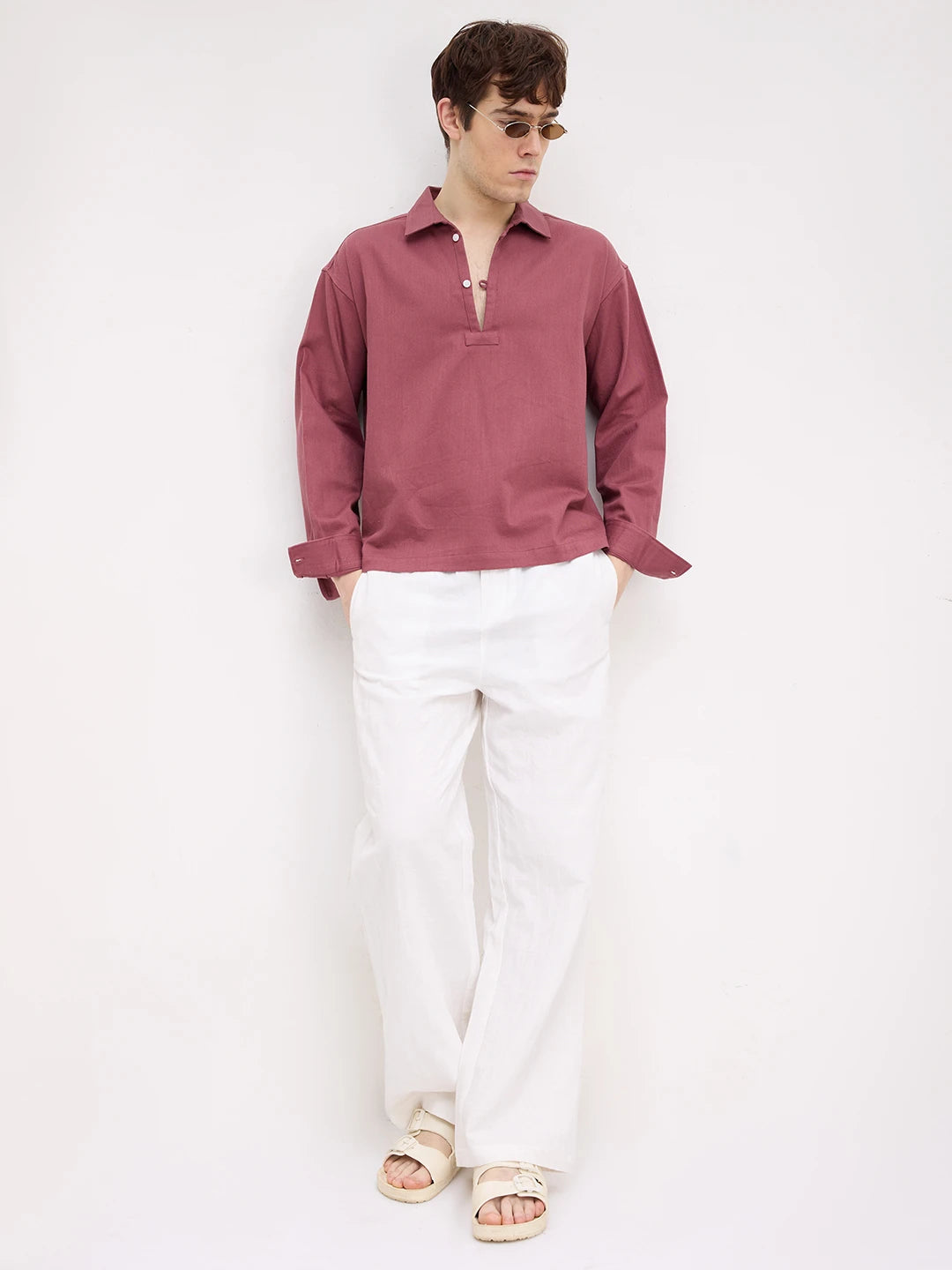 Dusty Rose Diagonal Textured Loop Button Oversized Shirt