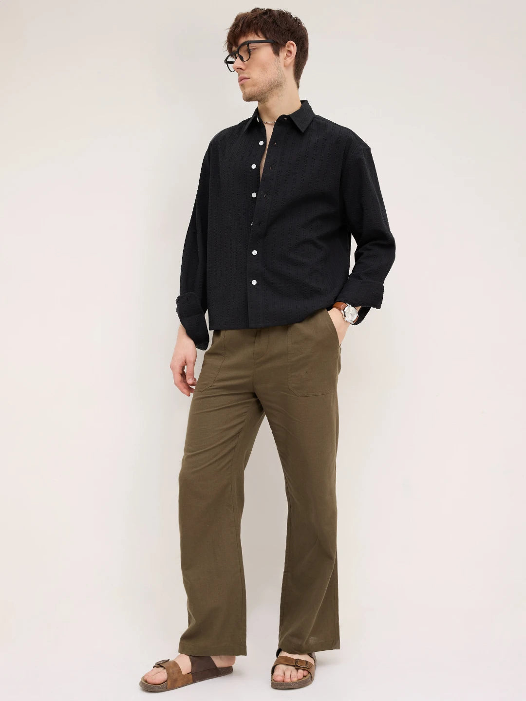 Elegant Black Seersucker Striped Boxy Fit Crop Shirt