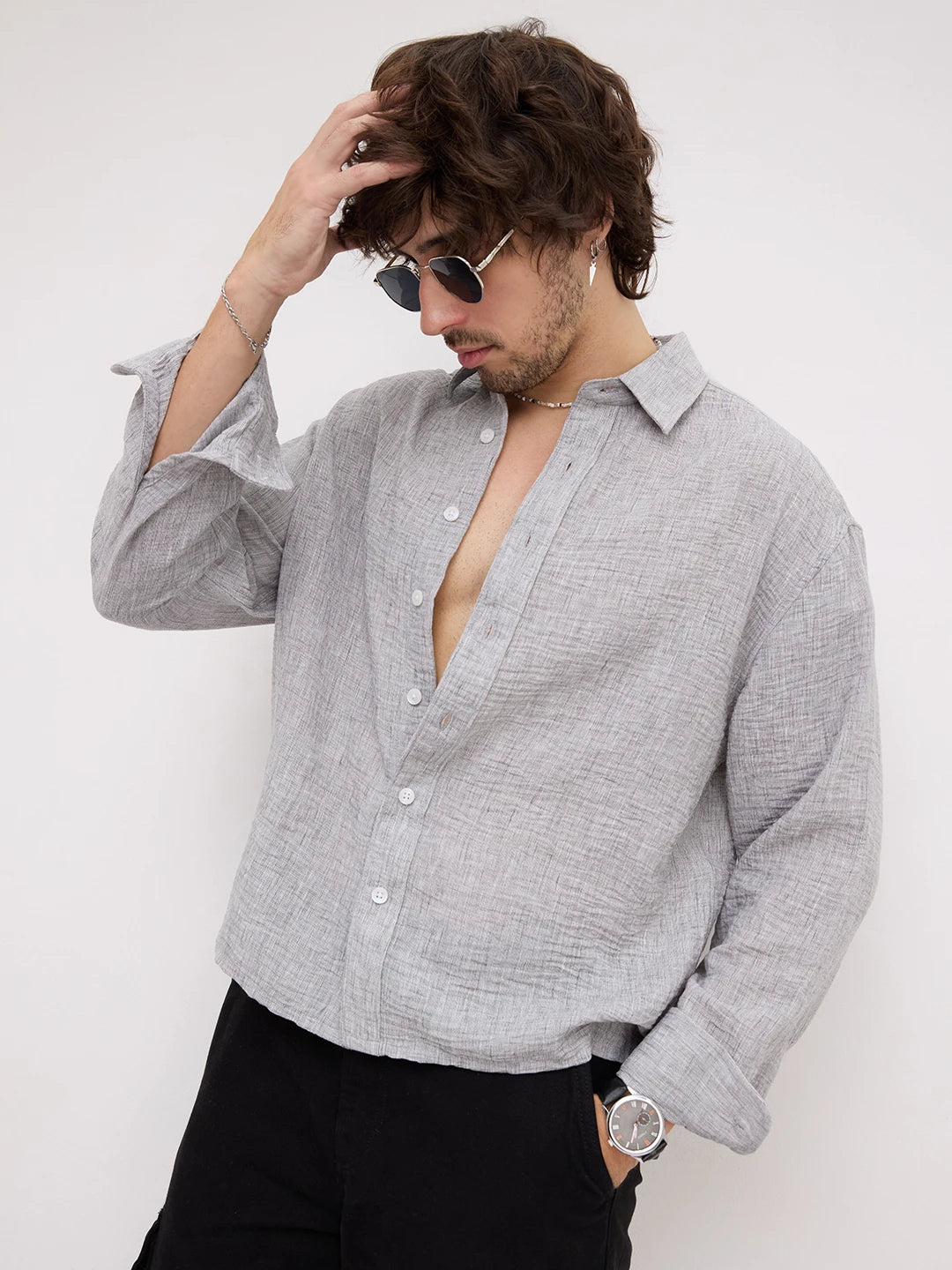 Refined Ash Grey Textured Boxy Fit Crop Shirt