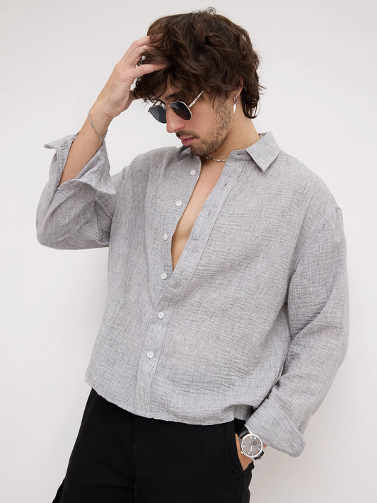 Refined Ash Grey Textured Boxy Fit Crop Shirt