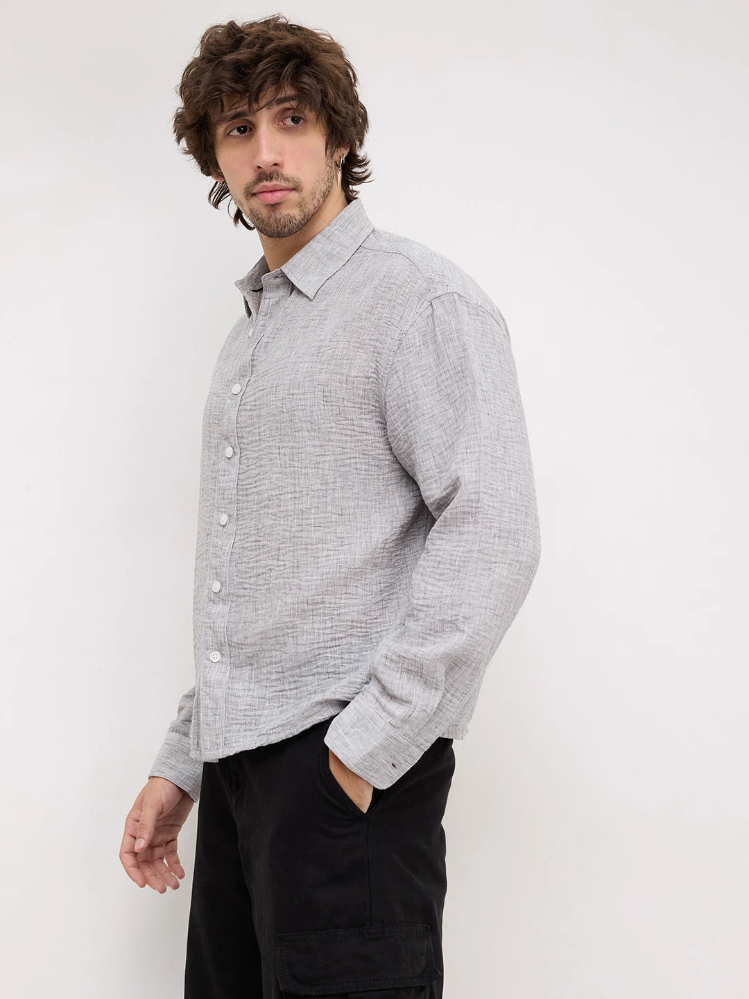 Refined Ash Grey Textured Boxy Fit Crop Shirt