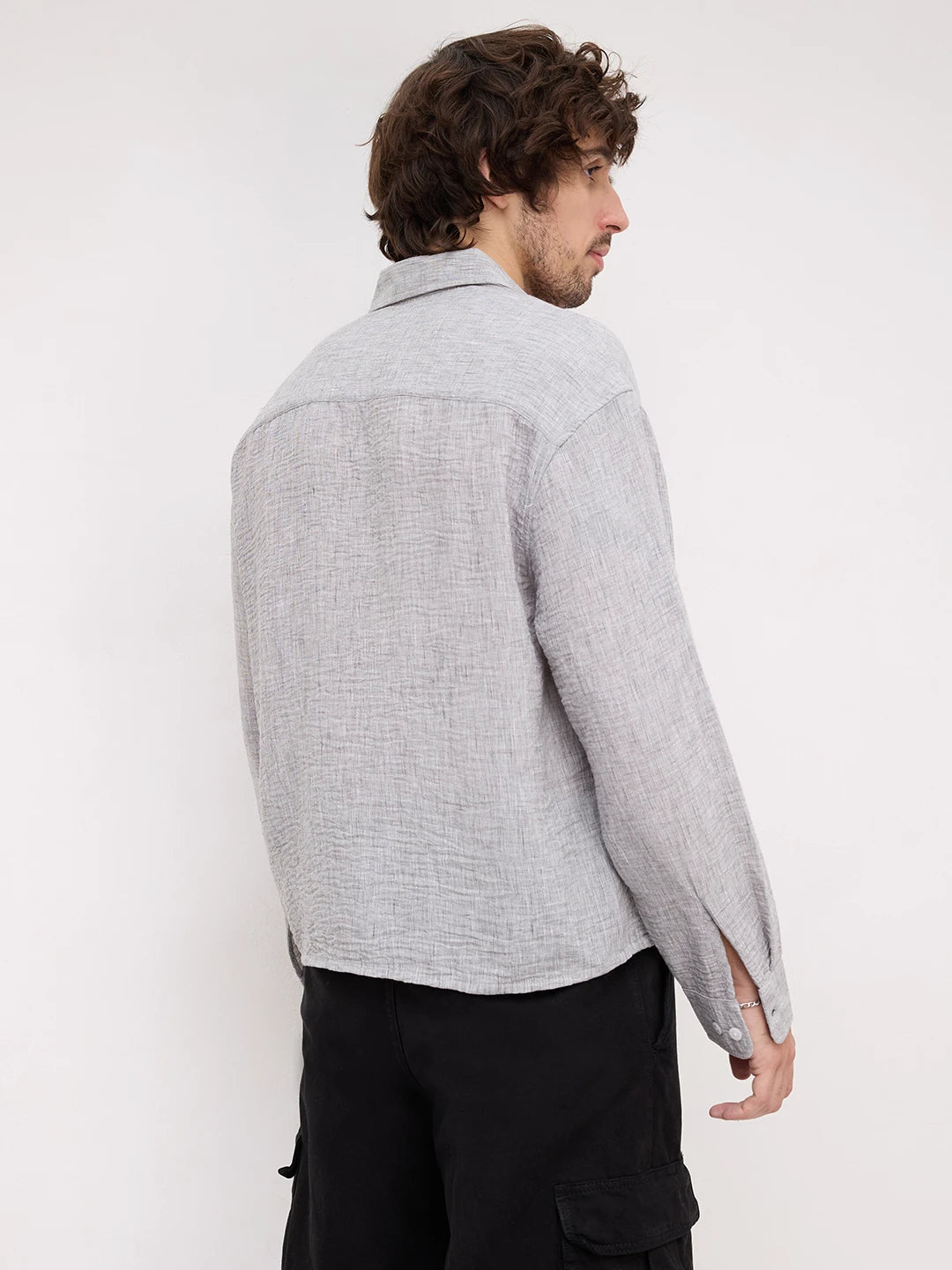 Refined Ash Grey Textured Boxy Fit Crop Shirt