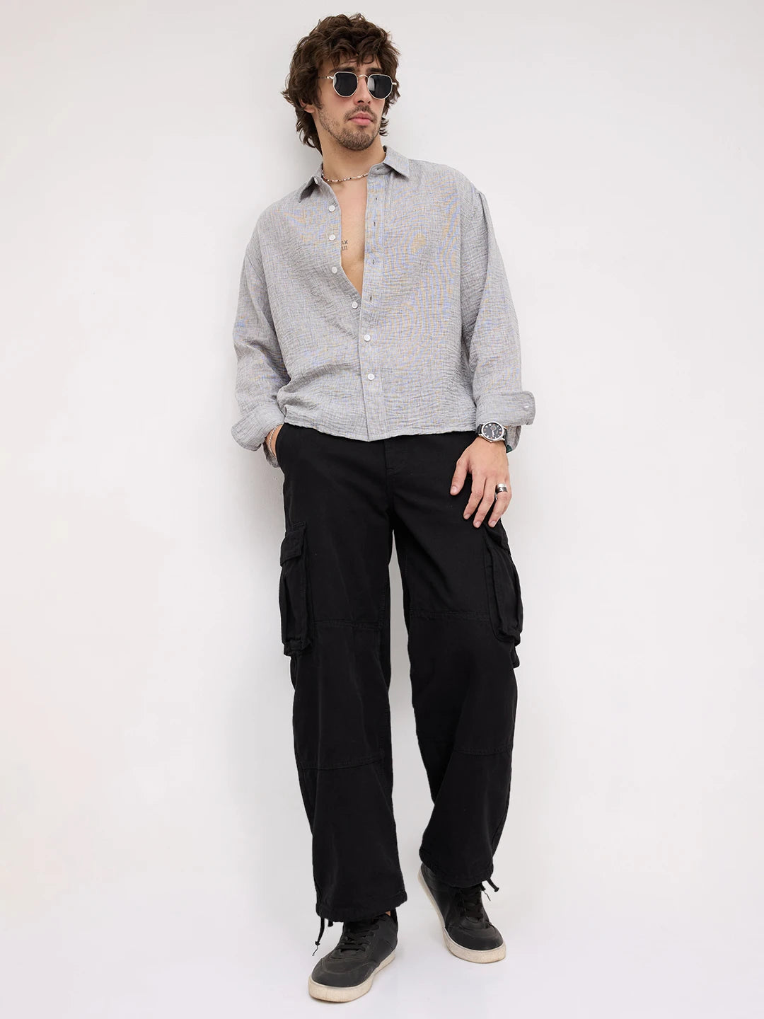 Refined Ash Grey Textured Boxy Fit Crop Shirt