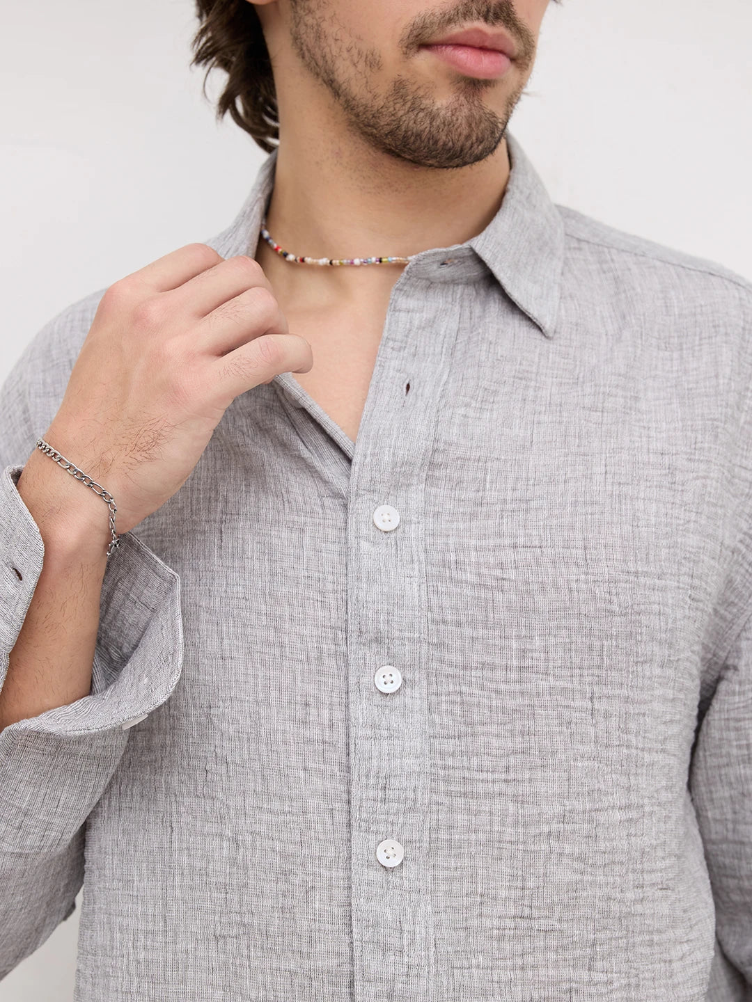 Refined Ash Grey Textured Boxy Fit Crop Shirt