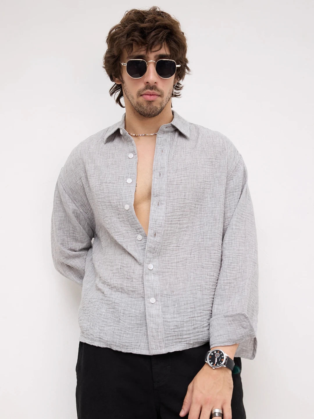 Refined Ash Grey Textured Boxy Fit Crop Shirt