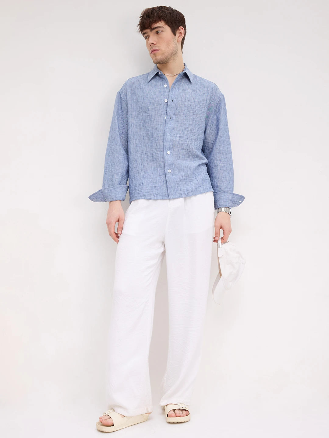 Royal Blue Textured Boxy Fit Crop Shirt