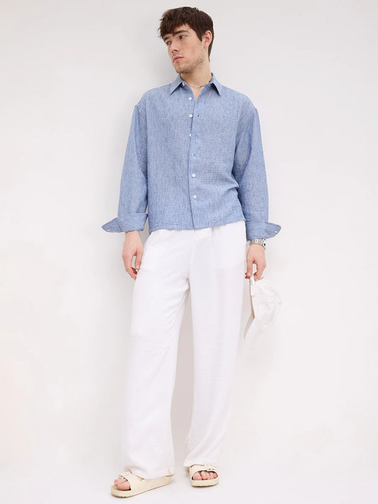 Royal Blue Textured Boxy Fit Crop Shirt
