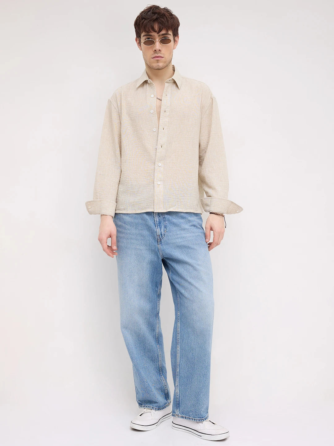 Natural Beige Textured Boxy Fit Crop Shirt