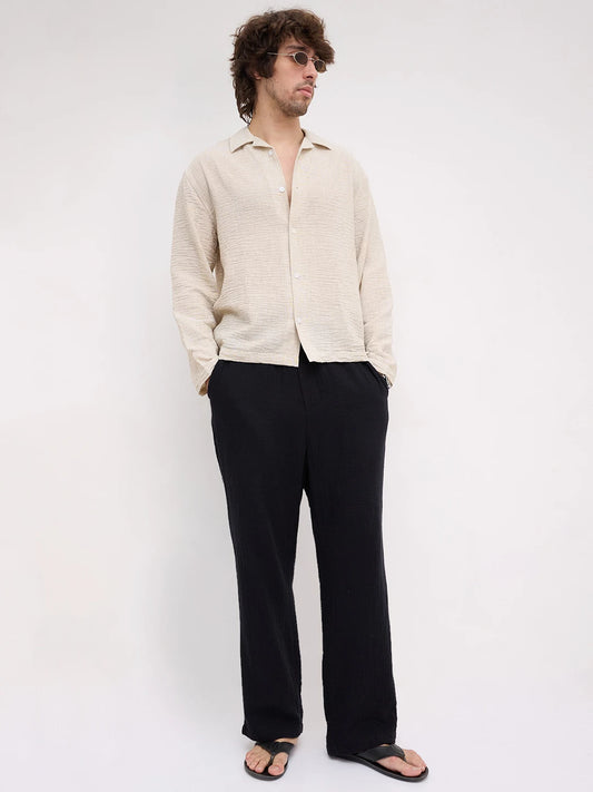 Warm Beige Crinkled  Notch Collar Oversized Shirt