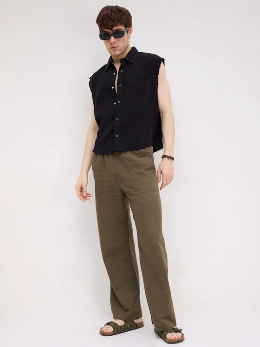 Iconic Black Double Cloth Sleeveless Crop Shirt