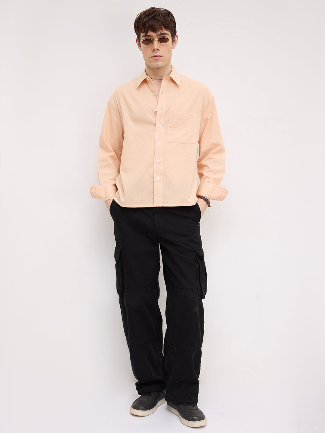 Soft Blush Peach Fine Textured Boxy Fit Crop Shirt