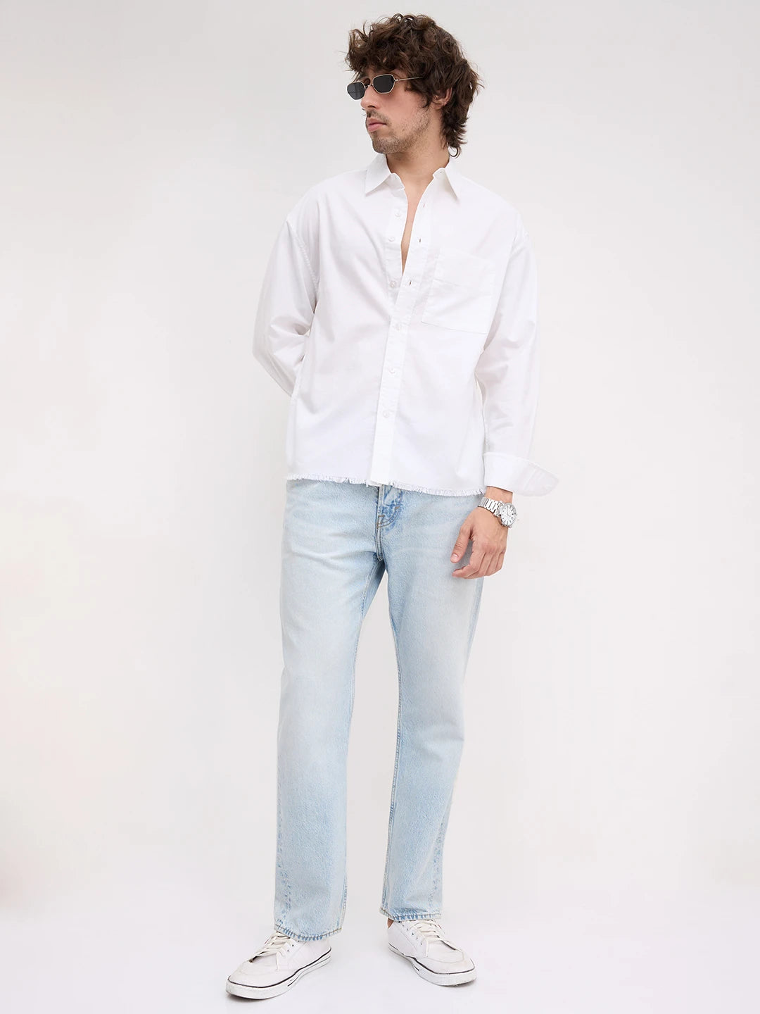 Solid Pearl White Oxford Distressed Hem Boxy Fit Crop Shirt