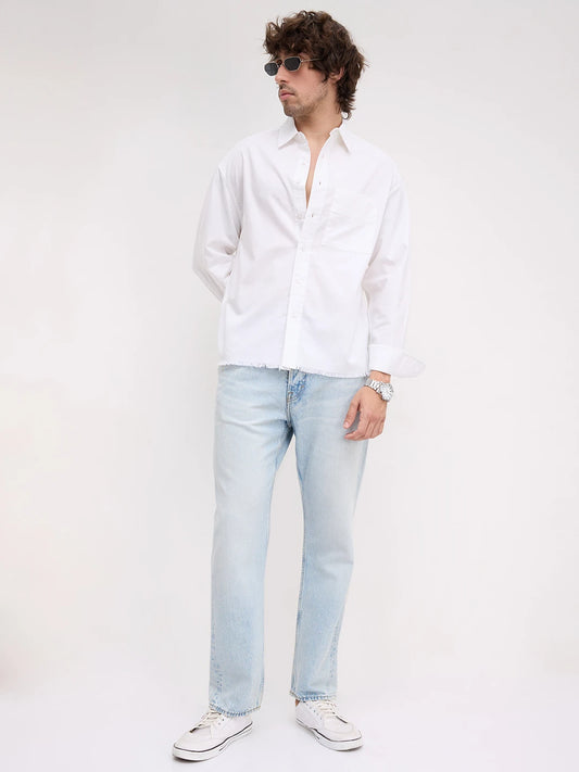 Solid Pearl White Oxford Distressed Hem Boxy Fit Crop Shirt