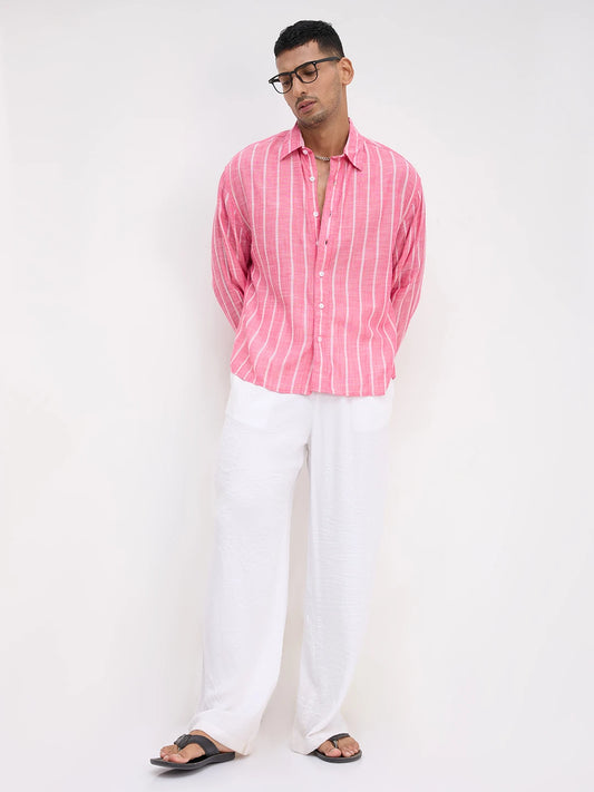 Romantic Rose Pink Striped Boxy Fit Crop Shirt
