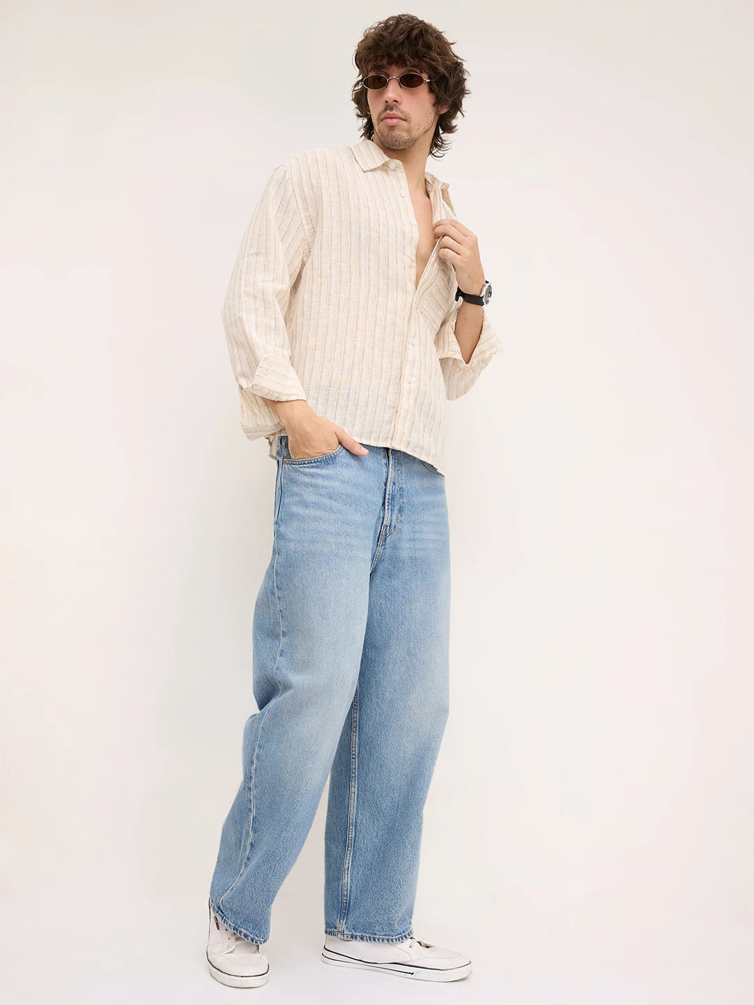 Off White Beige and Brown Striped Boxy Fit Crop Shirt