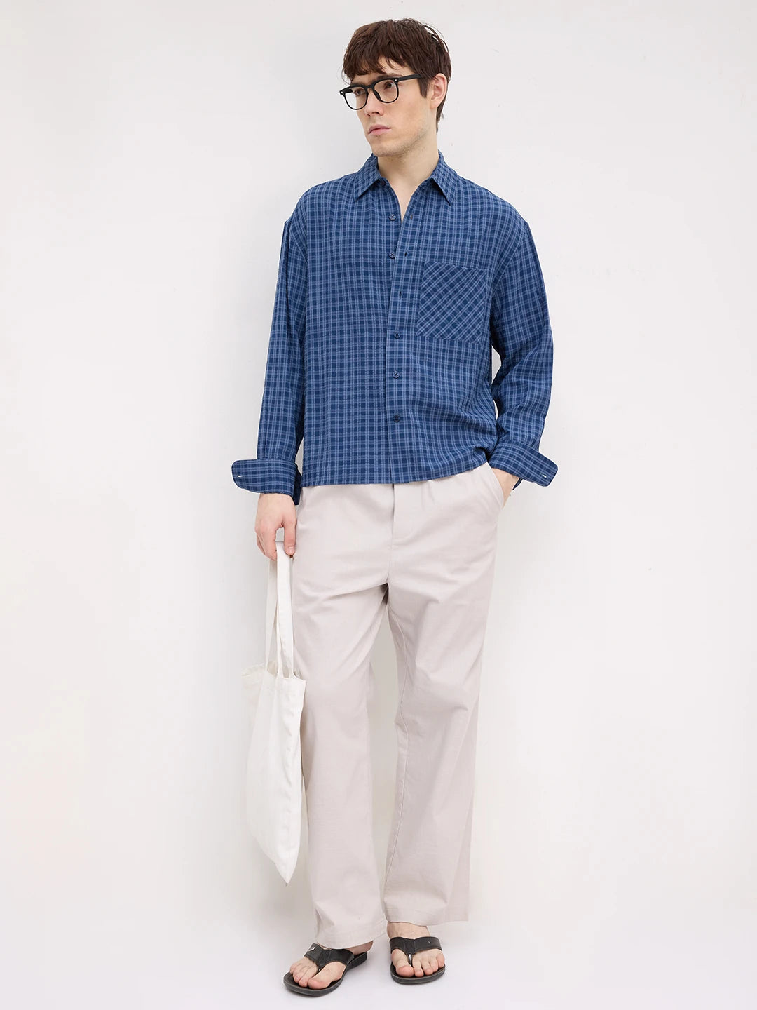Prussian Blue Atelier Checked Boxy Fit Crop Shirt
