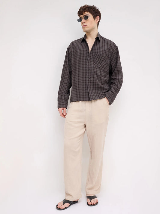 Brown & Grey Shadow Atelier Checked Boxy Fit Crop Shirt