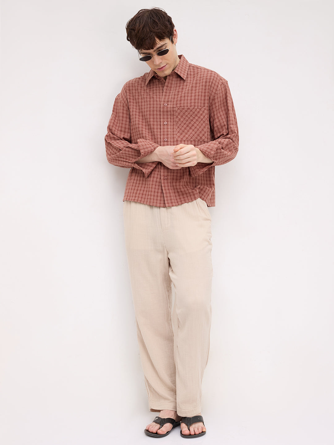 Rustic Brick Brown Atelier Checked Boxy Fit Crop Shirt