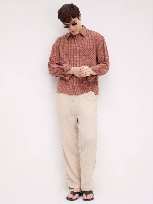 Rustic Brick Brown Atelier Checked Boxy Fit Crop Shirt