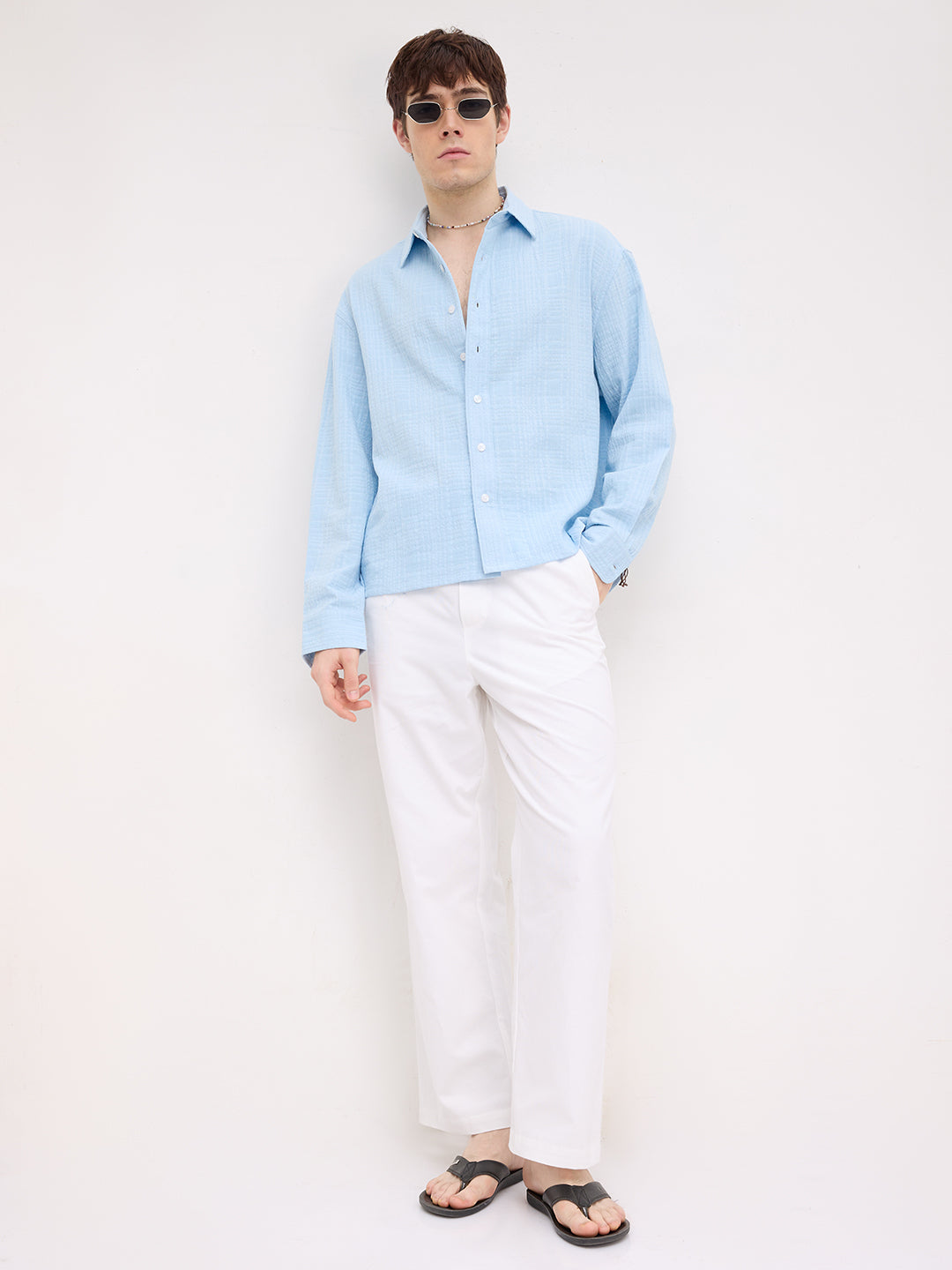 Ice Blue Geometrical Textured Boxy Fit Crop Shirt