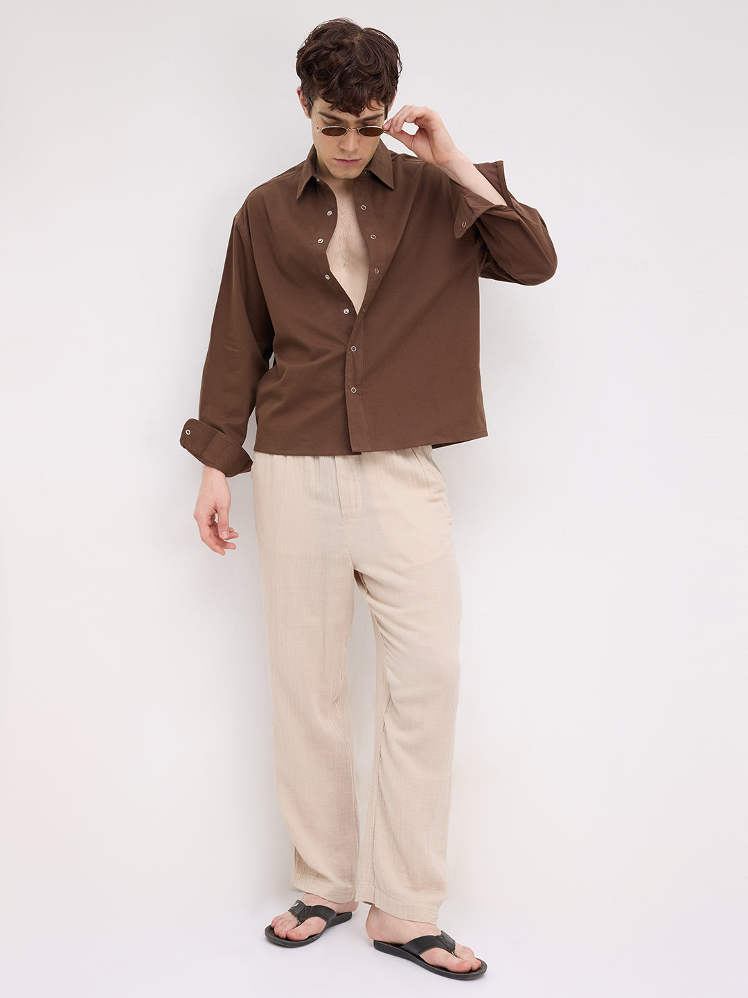 Luxe Chocolate Brown Cord Boxy Fit Crop Shirt