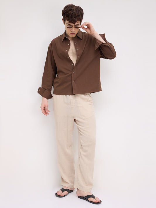 Luxe Chocolate Brown Cord Boxy Fit Crop Shirt